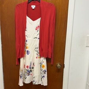 Old Navy Cream Floral Mini Dress with Red Cardigan